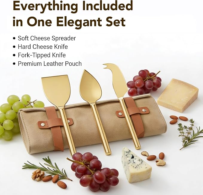 Cheese Knife Set for Charcuterie Board – 3-Piece Gold Stainless Steel Cheese Knives with Leather Pouch – Elegant Charcuterie Tools, Utensils Set