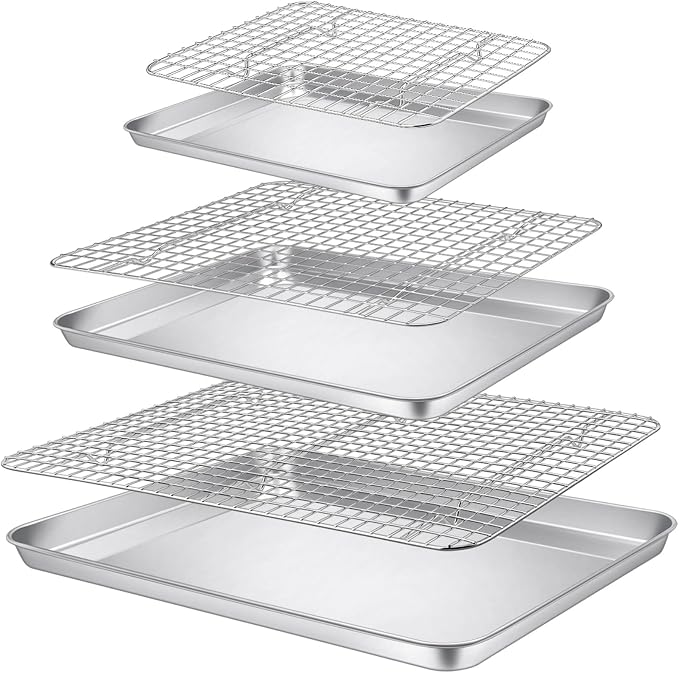 P&P CHEF 16 + 12.5 + 9 Inch Baking Sheet Pan and Cooking Rack - 6 Pieces | 3x Cookie Sheet + 3x Grid Rack, Stainless Steel Oven Tray with Wire Rack for Oven Baking, Healthy & Sturdy & Easy to Clean
