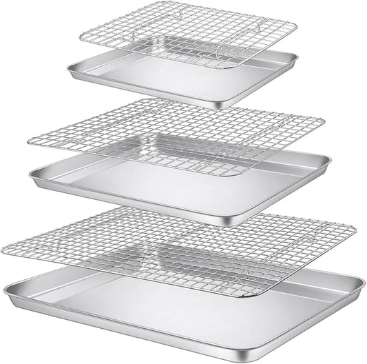 P&P CHEF 16 + 12.5 + 9 Inch Baking Sheet Pan and Cooking Rack - 6 Pieces | 3x Cookie Sheet + 3x Grid Rack, Stainless Steel Oven Tray with Wire Rack for Oven Baking, Healthy & Sturdy & Easy to Clean