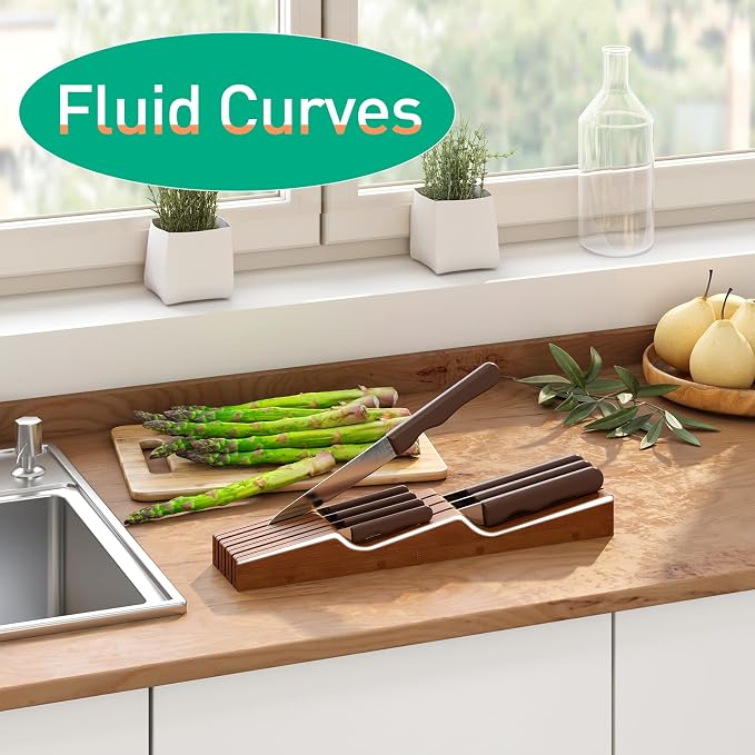 Knife Drawer Organizer, Bamboo Wood Knife Holder, Brown Knife Block Fit for 7 Knives