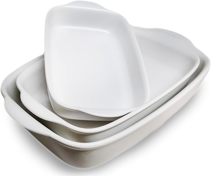 Saffron & Sage Casserole Dish Set of 3 - Baking Dishes for Oven, Contemporary White Ceramic Baking Dish Set, Heavy Duty Bakeware, Up to 500° High Heat Resistant, Dishwasher, Freezer and Food Safe