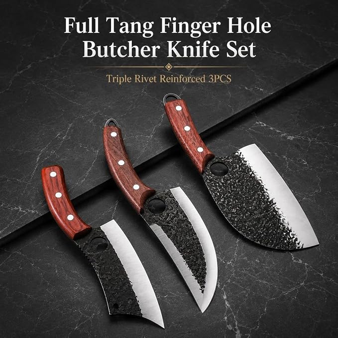DRAGON RIOT Professional Butcher Knife Set for Meat Processing, 3Pcs High Carbon Steel Hand Forged Serbian Cleaver Chef Knife Set with Ergonomic Handles for Kitchen Outdoor Cooking
