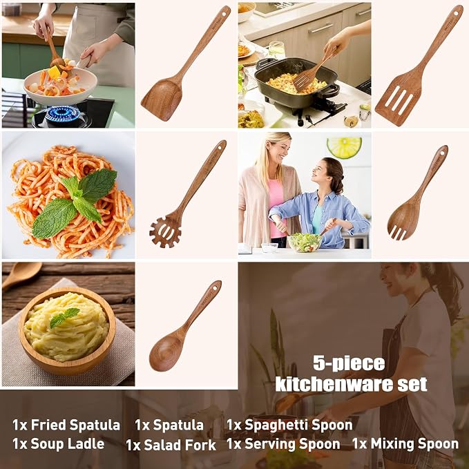 Wooden Kitchen Utensil Set - Natural Solid Wood Spoons, Non-Toxic, Heat Resistant, Non-Scratch and Easy to Clean (A05)
