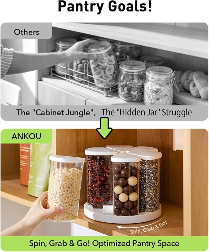 Rotating Food Storage Containers Set of 6, 23oz (690ml) Clear PET Jars with Dual Pour Lids, 360° Lazy Susan Pantry Organizer for Snacks, Cereal, Nuts, Oats & Dry Foods, Kitchen Grain Dispenser
