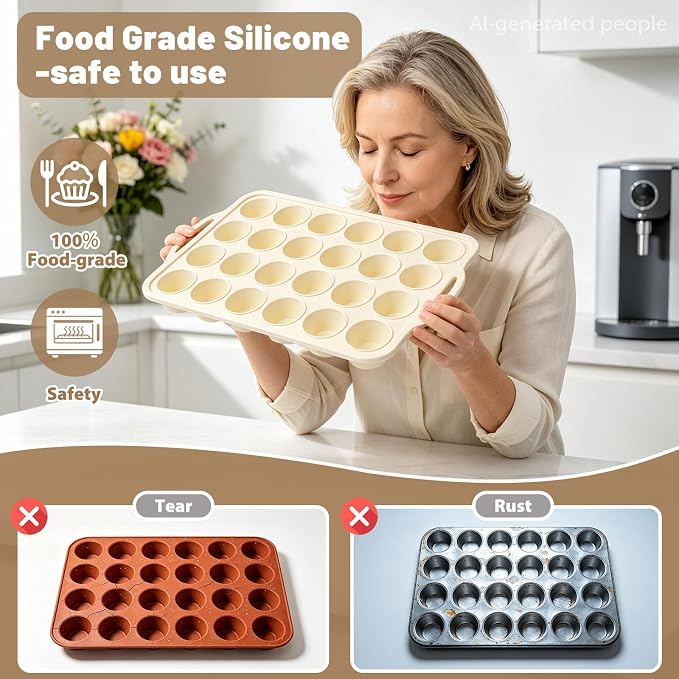 Beige Mini Silicone Muffin Molds: 2 Pack 24 Small Cupcake Mold for Baking | Silicone Mini Muffin Tray for Various Recipes - Molds with Metal Frame for Oven - for Baking Lovers Vnray