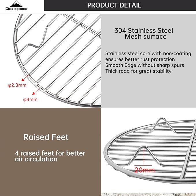 Campingmoon Stainless Steel Round Cooling Rack Baking Steaming Roasting Rack,Cooking Grid Grill for10 inch Dutch Oven