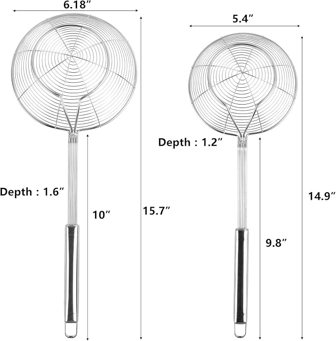 2Pcs Spider Strainer Skimmer, Stainless Steel Wire Strainer Ladle for Cooking and Frying, Kitchen Utensils Pasta Strainer Spoon, 5.4 Inch + 6.1 Inch