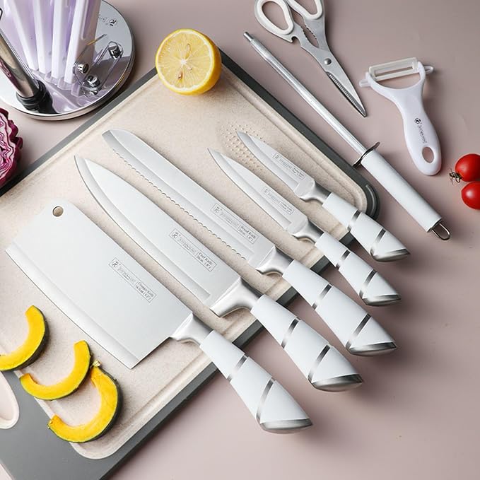 Kitchen Knife Set, 9Pcs White Knife Set with Rotation Block, Ergonomical Handle,Non Stick Sharp Stainless Steel Chef Knife Block Set for Home Cooking Gift
