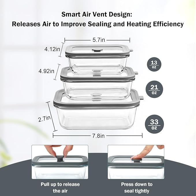12 Pack Multi-Size Glass Food Storage Containers with Glass Lids | 4 × 33oz, 4 × 21oz, 4 × 13oz Glass Meal Prep Containers with 5 Small Sauce Jars for Microwave/Oven/Freezer/Dishwasher, Grey