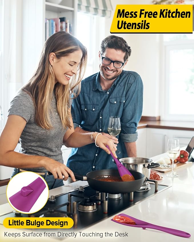 Pack of 2 Cooking Spoons for Non Stick Cookware, Multifunction Spatula Spoon BPA-Free, One-Piece Design, Suitable for Scooping, Scraping, Serving and Mixing (PURPLE)