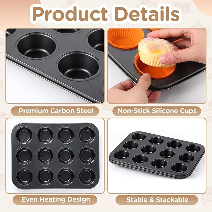 2 Set 12-cup Non Stick Carbon Steel Muffin Pan for Baking with 24 Reusable Silicone Liners, Non Toxic Cupcake Pan Muffin Tin for Easter Wedding Brownies Egg Bite, Easy to Pop(Orange)