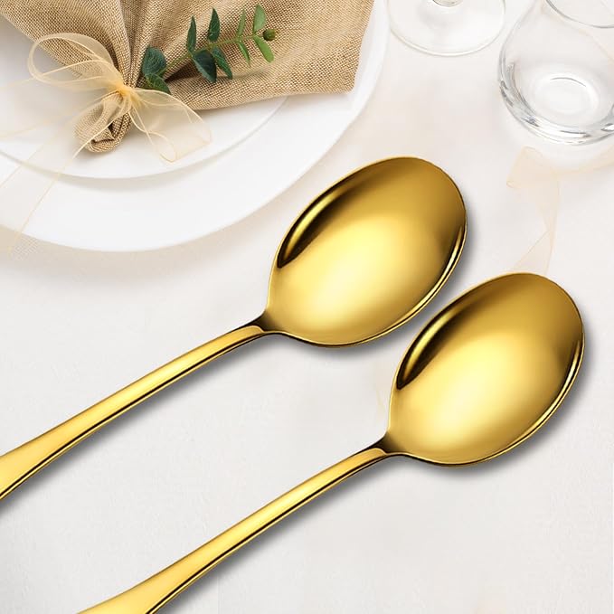 Stainless Steel Serving Spoons Set, 6pc, 10-Inch, Includes 6 Large Spoons, for Parties/Kitchen/Buffet/Catering, Dishwasher Safe, Gold