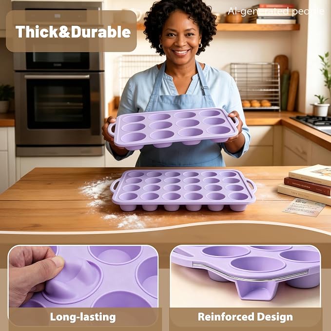 Silicone Muffin Pan Set: Non Stick 12 & 24 Silicone Muffin Pans for Baking Easy Release - Complete Shaping Each Use Avoid Re-baking - BPA-free Cupcake Tin Reinforced Frame for Oven Home Bakers