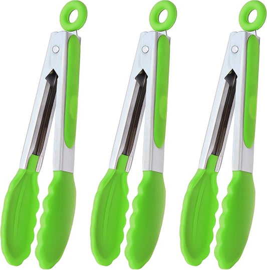 HINMAY Mini Tongs with Silicone Tips 7" Cooking Tongs, Set of 3 (Green)
