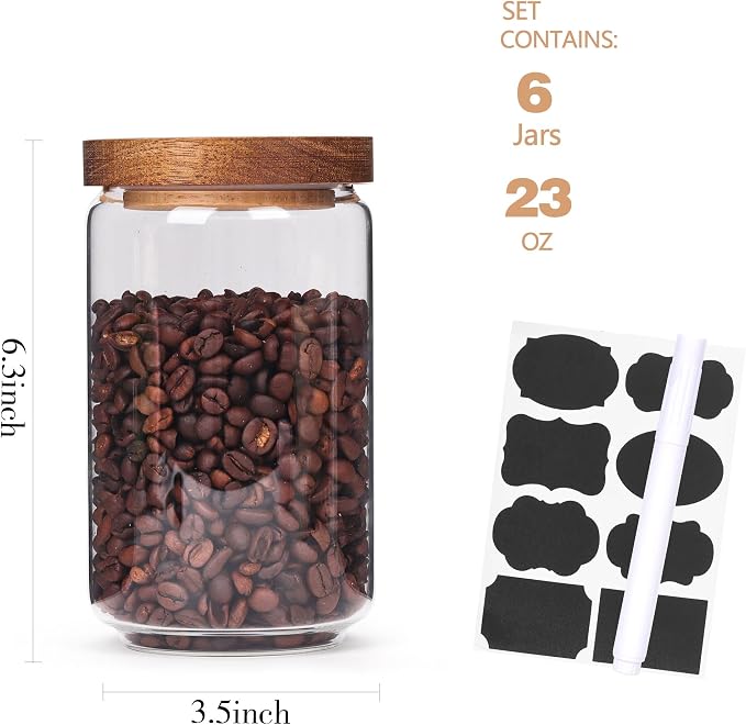 Anwoi 6-Pack Glass Pantry Storage Jars with Airtight Acacia Wood Lids – 23 oz Lead-Free Thick Glass Canisters with Silicone Seal, Labels & Marker Included