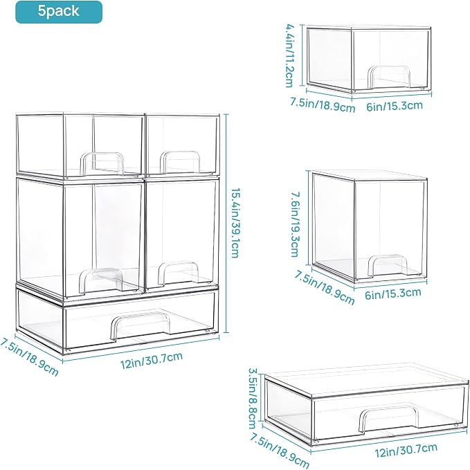 Vtopmart Clear Stackable Storage Drawers Set of 8, Plastic Organizer Bins | Multi-purpose Boxes for Baby Bottle Storage, Ideal for Kichen, Vanity, Bathroom, Undersink, Cabinet, Pantry Organization