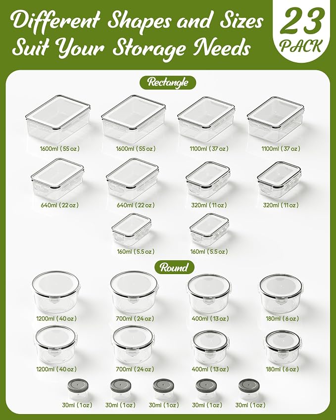 46 Piece Food Storage Containers with Lids(23 Containers & 23 Lids), BPA-Free Plastic Food Containers for Kitchen Storage and Organization, Leak Proof Meal Prep Container, Includes Labels & Pen