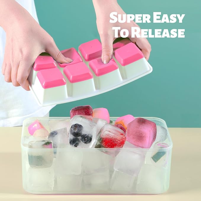 Large Ice Cube Tray with Lid and Bin, Jrisbo Silicone Big Square Ice Cube Molds for Freezer, 3 Pack Stackable Huge Cubed Ice Trays with Ice Tong, Ice Scoop for Whiskey Cocktails Soups Frozen Treats
