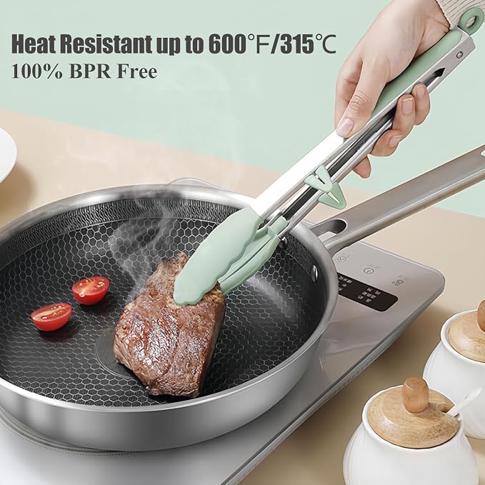 Silicone Kitchen Tongs, 3Pcs Tongs for Cooking with Silicone Tips, Food Grade Small Tongs, Mini Serving Tongs for BBQ Salad, Green, 7"+9"+12"