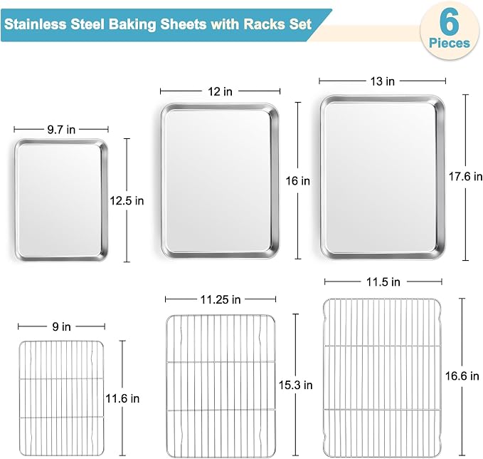 TeamFar Baking Sheet with Rack Set, 3 Pans + 3 Racks, 17.6/12.5/10.5 Inch | Stainless Steel Cookie Sheets Baking Pans Trays and Cooling Racks for Cooking, Non-Toxic & Heavy Duty, Dishwasher Safe