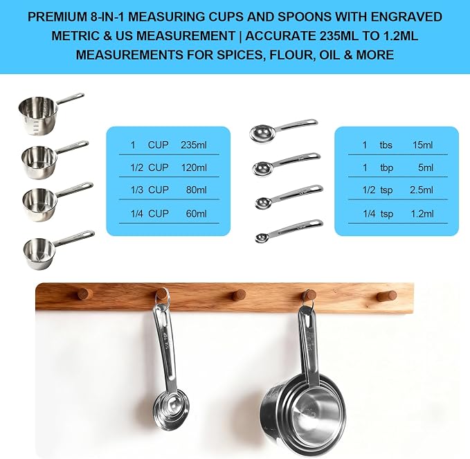 8 PCS Stainless Steel Measuring Cups and Spoons Set, Engraved Metric & US Measurement Measuring Cups and Spoons, Food Grade Metal Measure Cups for Dry & Liquid Kitchen Cooking Baking, Dishwasher Safe