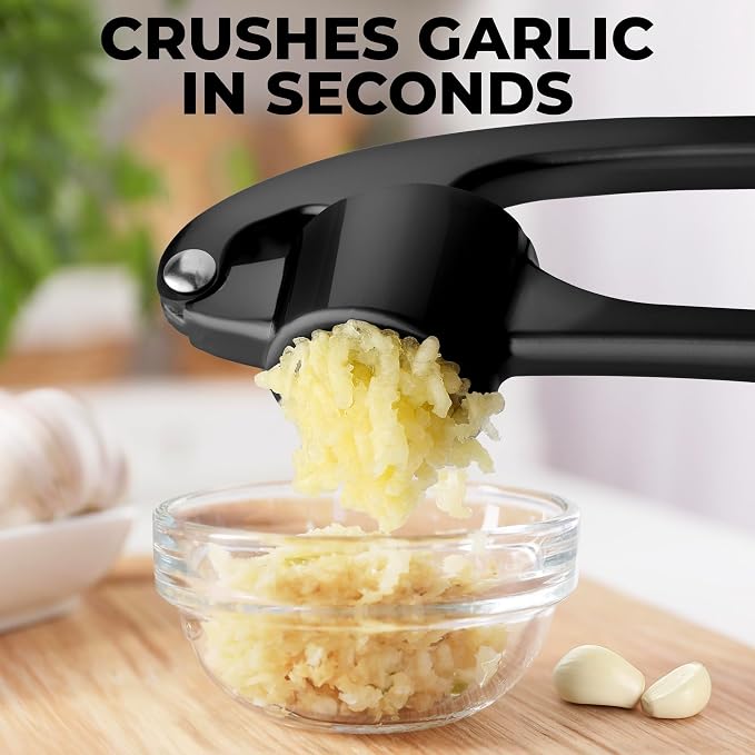 Zulay Kitchen Large Premium Garlic Press Set - Bigger Bowl for Bigger Garlic - Rust Proof Garlic Mincer Tool - Easy-Squeeze, Easy-Clean Silicone Garlic Peeler & Brush (Black)