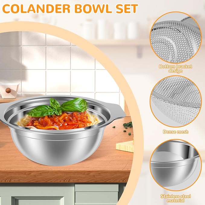 Stainless Steel Colander Microporous Strainers and Colanders with Mixing Bowl Sturdy Rice Strainer Multifunctional Colander Set for Washing and Draining Fruits Vegetables Cooked Pasta (2Pack)