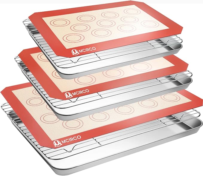 M MCIRCO Baking Sheet with Cooling Rack, Baking Mat Set, Set of 9 | Stainless Steel Cookie Pan with Cooling Rack, 3 Sheets + 3 Racks + 3 Mats, 10/12/16 Inch, Baking Pan, Easy Clean