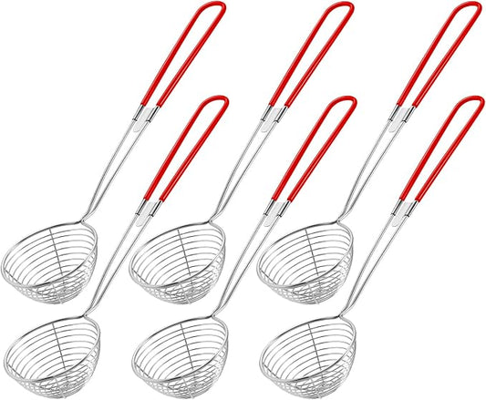 Geiserailie 6 Pieces Hot Pot Kit Strainer Scoops Stainless Steel 2.5 Inch Mini Spider Strainer Skimmer Pasta Mesh Spoon Asian Skimmer Spoon Ladle with Handle for Home (Red)