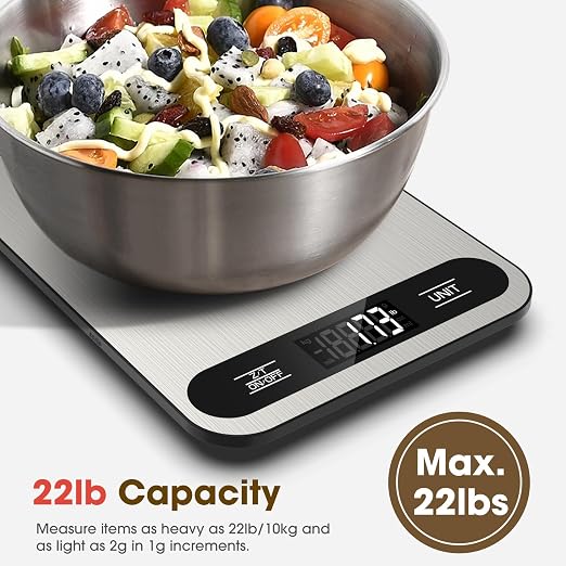 Mik-Nana Food Scale, 22lb Digital Kitchen Scale with 6 Units Tare Function | LCD Display, Stainless Steel Weight Grams and Ounces for Baking, Cooking and Meal Prep (Batteries Included)