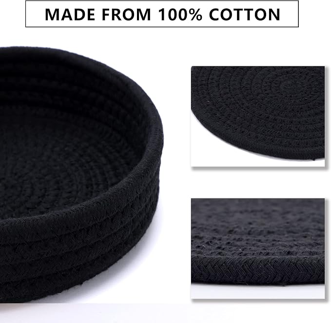 Coga Trivets for Hot Dishes, 5 Pack 7 Inch Cotton Hot Pads for Kitchen with Storage Basket, Round Pot Holders for Kitchen, Heat Resistant Mats for Countertop, Pots and Pans, Farmhouse Decor, Black