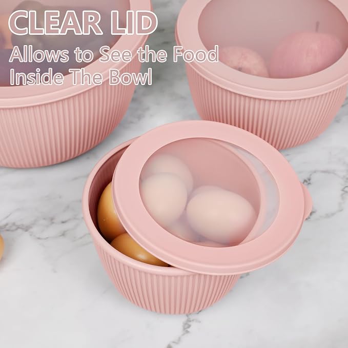 BoxedHome 4.97 Quarts Mixing Bowls with Lids Set, 4 Packs BPA-Free Plastic Prep Bowls for Kitchen, Dishwasher & Microwave Safe, Pink