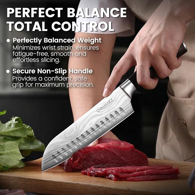 DiiHAUZZ Santoku Knife 7 Inch, Japanese Chef Knife with Ultra Sharp Hollow Edge, High Carbon Steel Forged Professional Kitchen Knives with Ergonomic Pakkawood Handle and Sheath, Gift Box