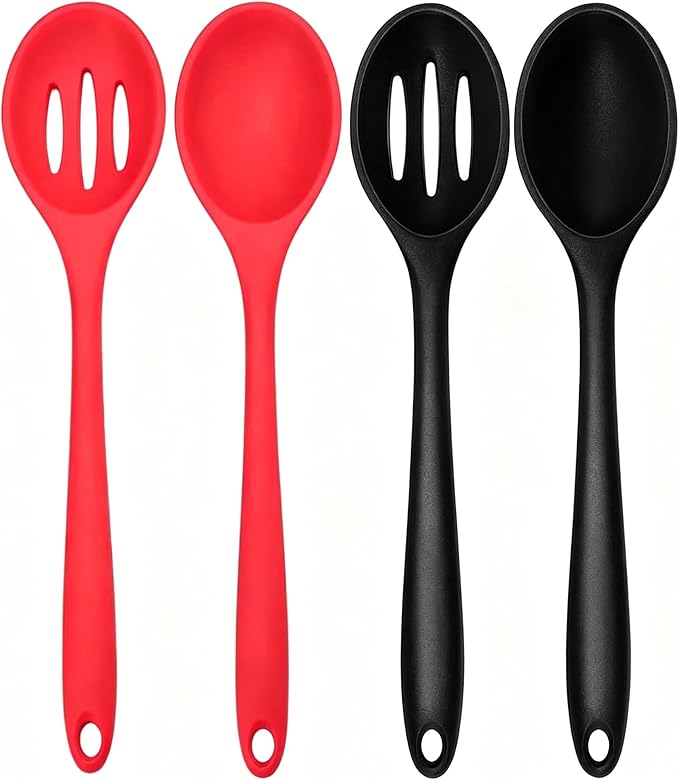 Kitchen Silicone Cooking Spoon,Nonstick Mixing Serving Spoons Set for Cooking,Slotted and Solid Serving Spoon Heat Resistant,Silicone Mixing Basting Stirring Spoons for Bake Stir Cookware 4 PCS