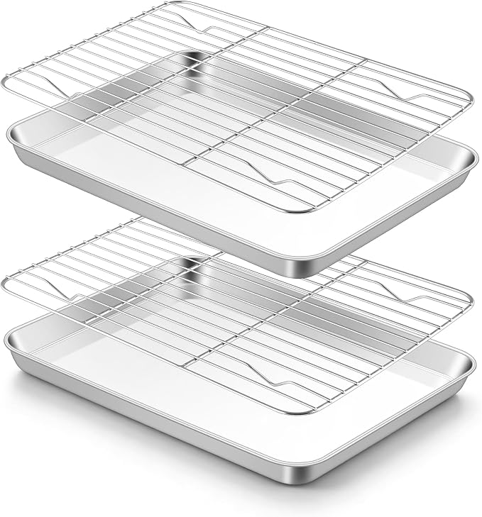 TeamFar Stainless Steel Toaster Oven Pan with Rack Set, 10.5"x 8"x 1" | 2 Pans + 2 Racks, Toaster Oven Baking Pan Tray with Cooling Rack for Cooking, Non-Toxic & Rust Proof, Dishwasher Safe
