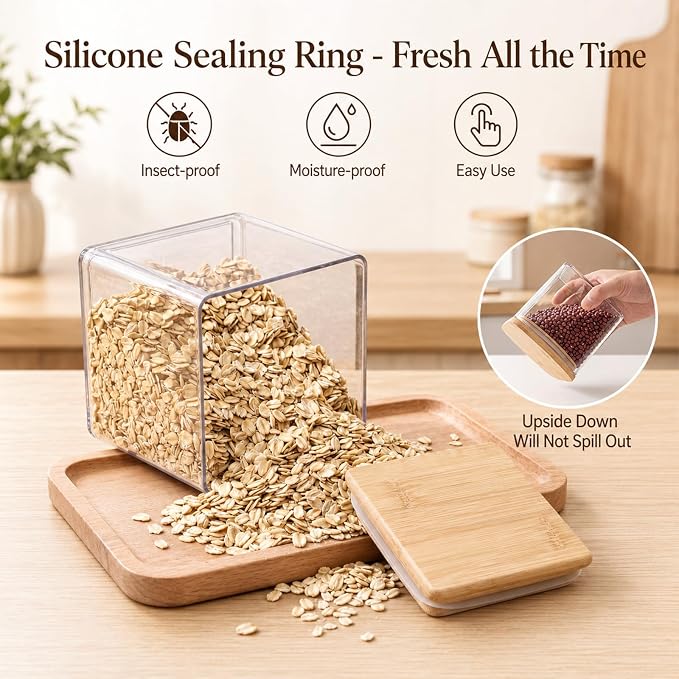 12 Pcs 25oz Plastic Square Pantry Storage Container with Bamboo Lid | Food Storage Containers with Airtight Lids, Fit Serving Tea Sugar Cookies Storing Oats Coffee Bean Nuts Spices