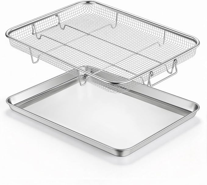 E-far Air Fryer Basket for Oven, Large 16” x 12” Stainless Steel Air Fryer Pan and Crisper Tray, Air Fryer Rack with Baking Pan for Crisper Foods Frying Healthy Cooking, Dishwasher Safe