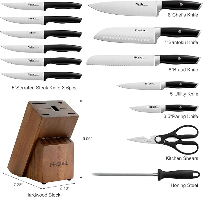 Fikshot Knife Set, German Stainless Steel, Black, 14-Piece kitchen knives | Full Tang Handle, Ultra-Sharp, Knife Block & Sharpener Included, Rust-Resistant, Dishwasher-Safe, , Gift for Chefs