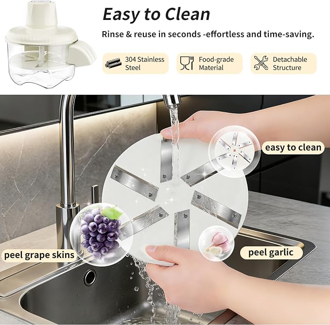 Electric Grape Peeler, Automatic Garlic & Cherry Tomato Peeler, Upgraded 6-Blade Cordless Fruit & Vegetable Skin Remover, Fast & Easy-Peel Kitchen Tool for Home, Camping, Picnics & Parties (White)