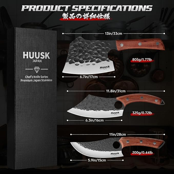 Huusk Butcher Knife Set of 3 - Full Tang Meat Cleaver Knife Set for Meat Processing, Hand Forged Viking Knives Sets with Bone Axe, Heavy-Duty Kitchen Knives Sets for Outdoor BBQ Cooking, Gifts for Men