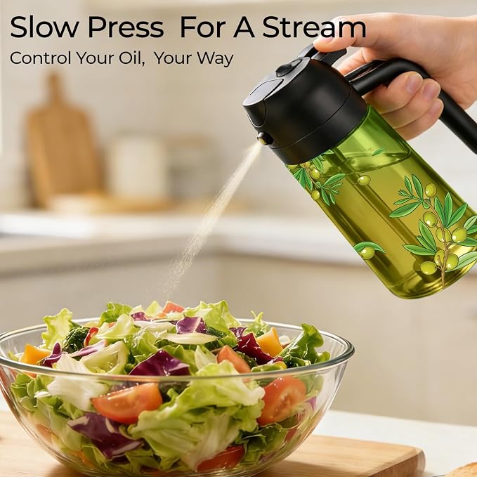 COOLMI Oil Sprayer for Cooking, 2 in 1 Olive Oil Dispenser Bottle Set for Kitchen, Food-Grade Glass Green Oil Vinegar Bottle Container - 16OZ/470ML Set of 2 (Black)