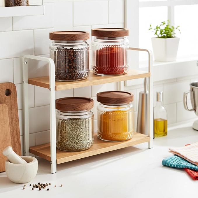 6 Pcs 500ml/17 oz Vintage Glass Jars with Wood Lids | Airtight Ribbed Containers, Wood Lids for Coffee Beans Tea Sugar Flour Spices, Stackable Pantry Countertop Storage Organizer