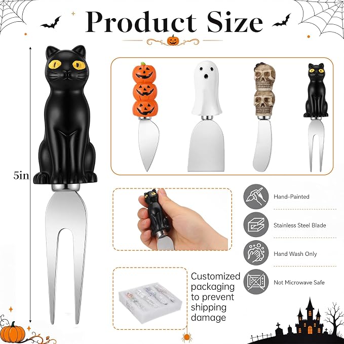 Jingmore 4 Pcs Halloween Cheese and Butter Spreader Knives Decor Pumpkin, Black Cat, Ghost, Skull Hand Painted Resin Handle with Stainless Steel Blade Multipurpose (Cheese Knives Set)