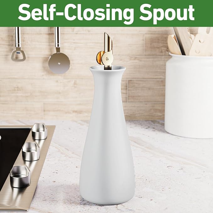 Ceramic Olive Oil Dispenser with Self-Closing Gold Spout, 530mL, Leakproof | Leak Proof EVOO Dispensing Bottle, Stainless Steel Self-Closing Spout, Ergonomic, Durable, Easy Pour, Stylish, 530mL Capacity