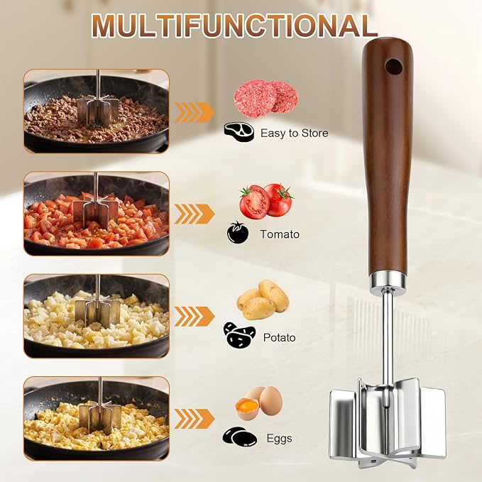 Stainless Steel Meat Chopper, 6 Curve Blades Beef Masher with Wooden Handle | 9.25 Inch Potato fruits Masher and tenderizes meat Hamburger Smasher, Mix and Chop Kitchen Tool for Taco Meat