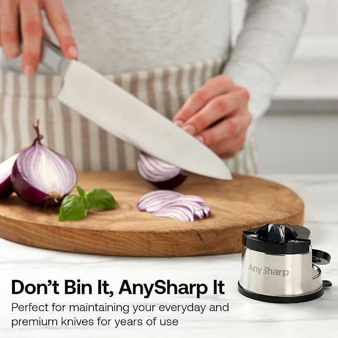 AnySharp – GLOBAL – Hands Free Knife Sharpener - Easy to Use Sharpening Tool with PowerGrip Suction Base and 20-Degree Pre-set Angle - For All Knives: Chef’s, Serrated, and Hardened Steel - Silver