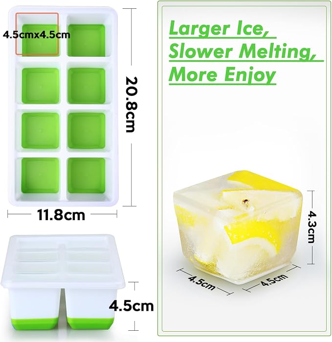 Large Ice Cube Trays with Lid, Jrisbo 2 Pack Stackable Silicone Ice Cube Molds for Freezer, Easy Release 16 Big Square Ice Trays for Whisky Cocktails (2 Black2 Gray)