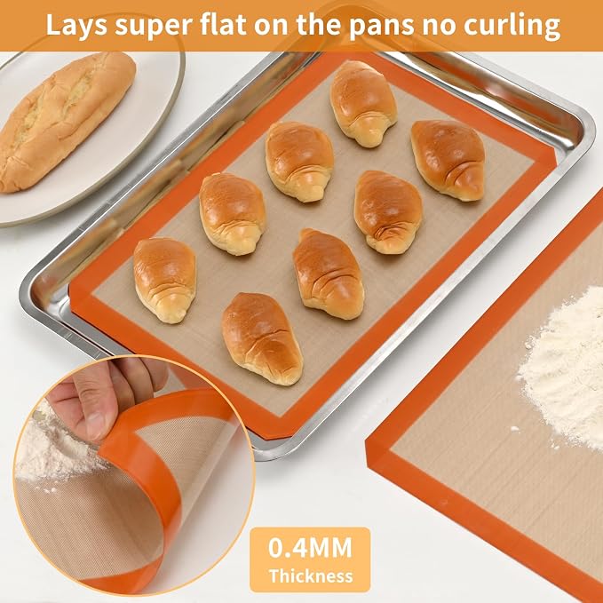 Luckyiren 2 Pack Silicone Baking Mat Set, Nonstick Half Sheet, Orange/Beige | Two 16.54 x 11.62 in reusable nonstick silicone baking mats fit half sheet pans; cookie sheet liners for cookies and pastry.