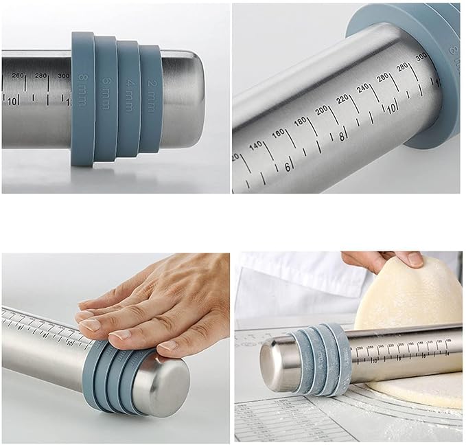 Rolling Pin & Silicone Baking Pastry Mat & Dough Pastry Bench Cutter Scraper Set, Rolling Pins with Adjustable Thickness Rings, for Baking Dough, Pizza, Pie, Pastries, Pasta, Cookies