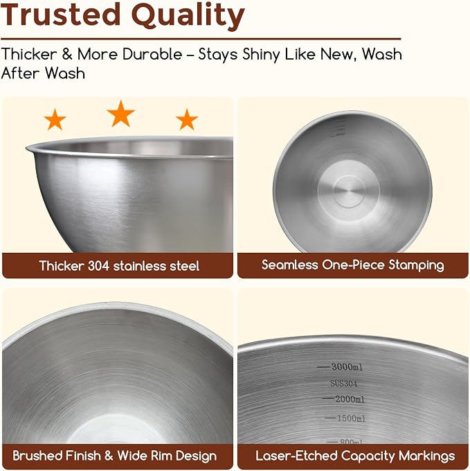 Gronivex Stainless Steel Mixing Bowls Set, 3-Piece (1.5, 2.2 & 3.4 Qt) | Food-Grade Metal, Dishwasher safe，Stackable Nesting & Space-Saving – For Kitchen Baking, Salads, Meal Prep, RV & Camping